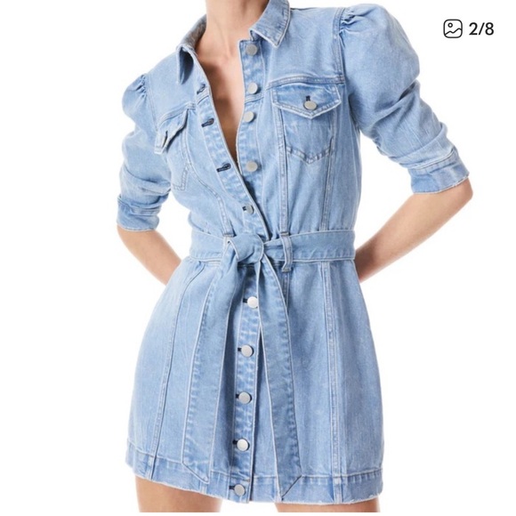 Alice + Olivia Denim Mini Dress Magali Ruched Puff Sleeve Belted Denim Dress